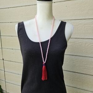 J. Crew light pink crystal beaded necklace with hot pink tassel pendant